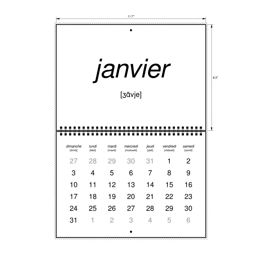 Leskoff 2027 Phonetic Wall Calendar, French-Labeled with IPA, Sunday-Start Layout, Wire-Bound, 11.7 x 8.3 in (29.7 x 21.0 cm), image 2 of 2