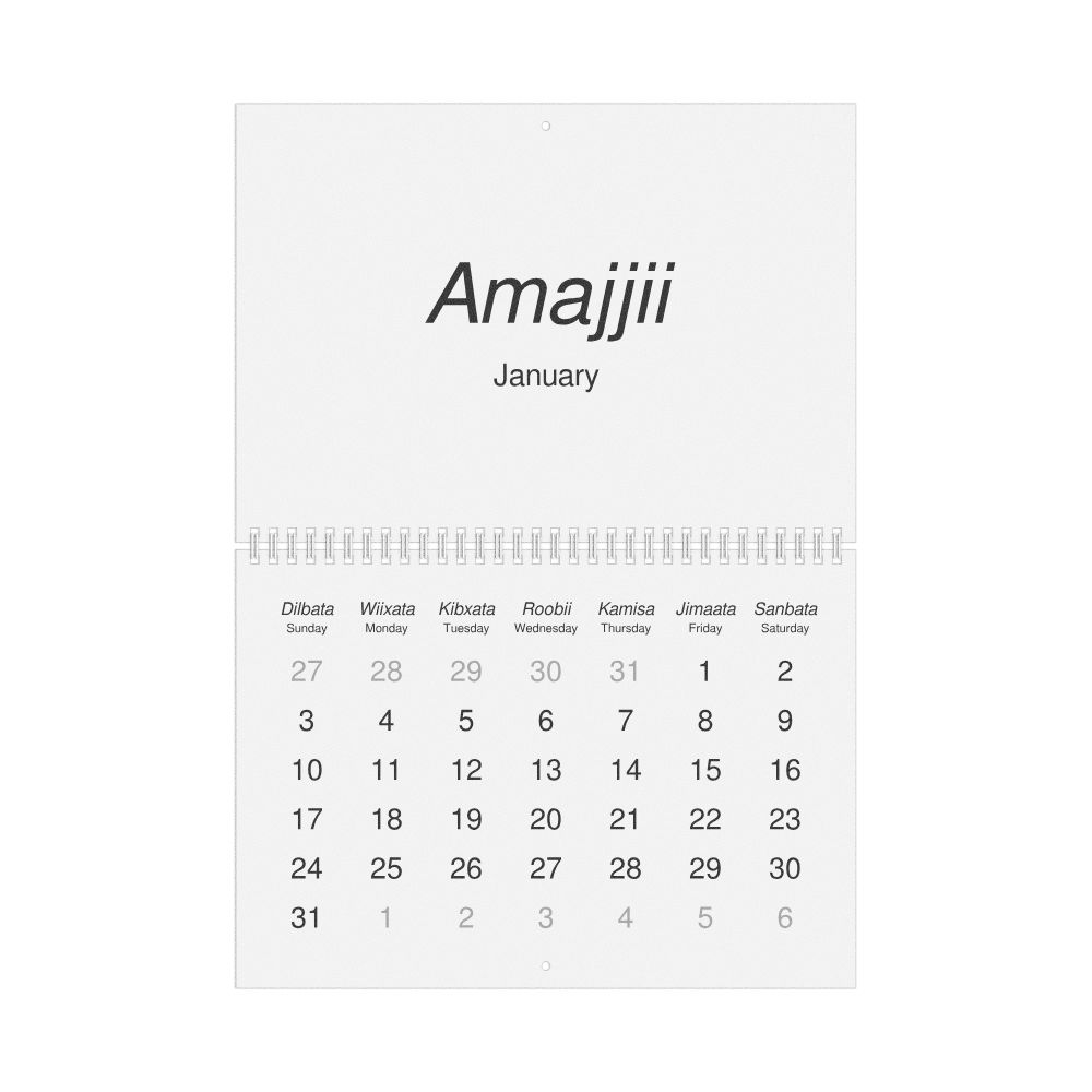 Leskoff 2027 Wall Calendar, Oromo/English-Labeled, Sunday-Start Layout, Wire-Bound, 11.7 x 8.3 in (29.7 x 21.0 cm), image 1 of 1