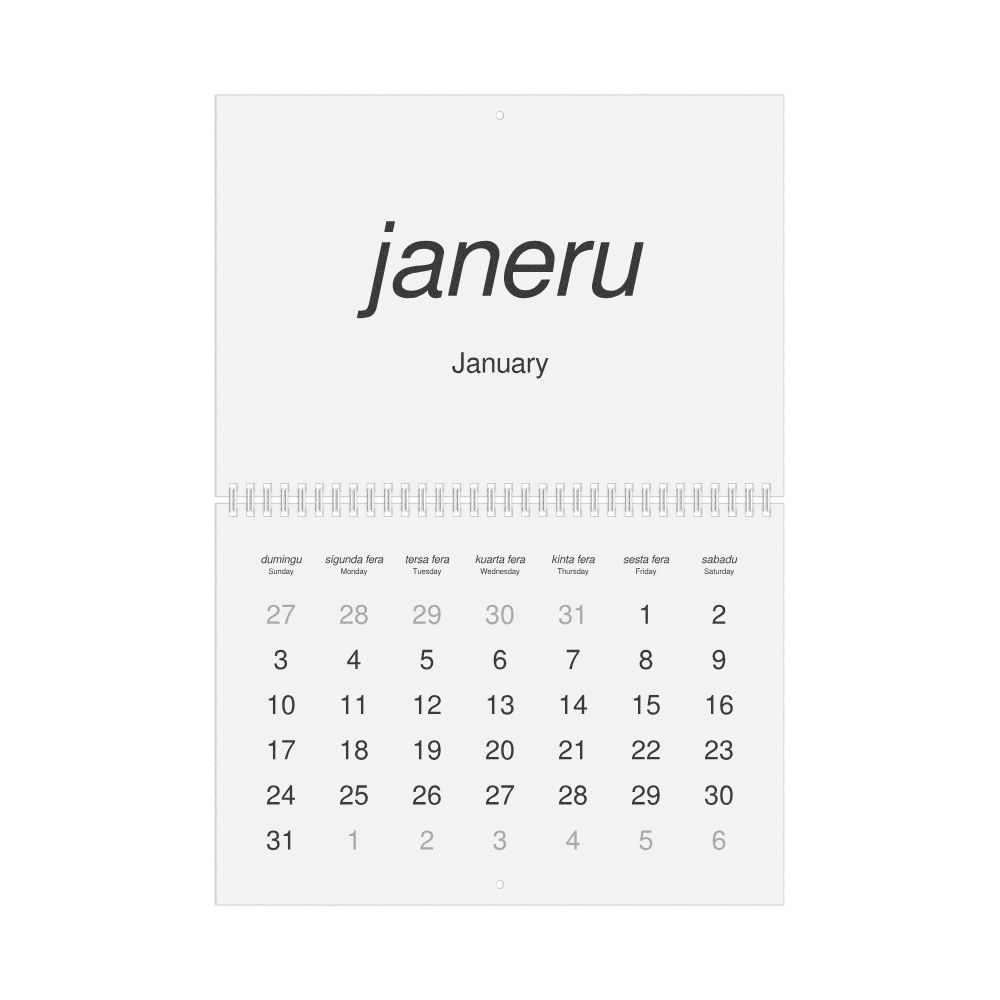 Leskoff 2027 Wall Calendar, Cape Verdean Creole/English-Labeled, Sunday-Start Layout, Wire-Bound, 11.7 x 8.3 in (29.7 x 21.0 cm), image 1 of 1