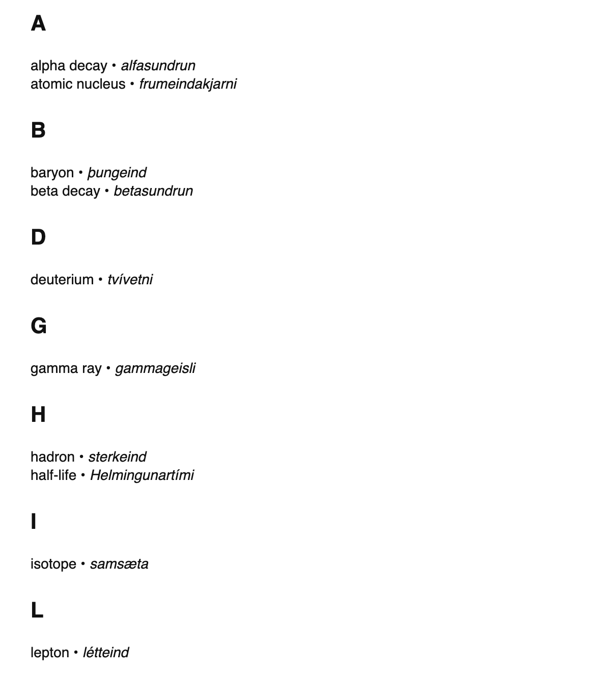 Nuclear physics terms in Icelandic