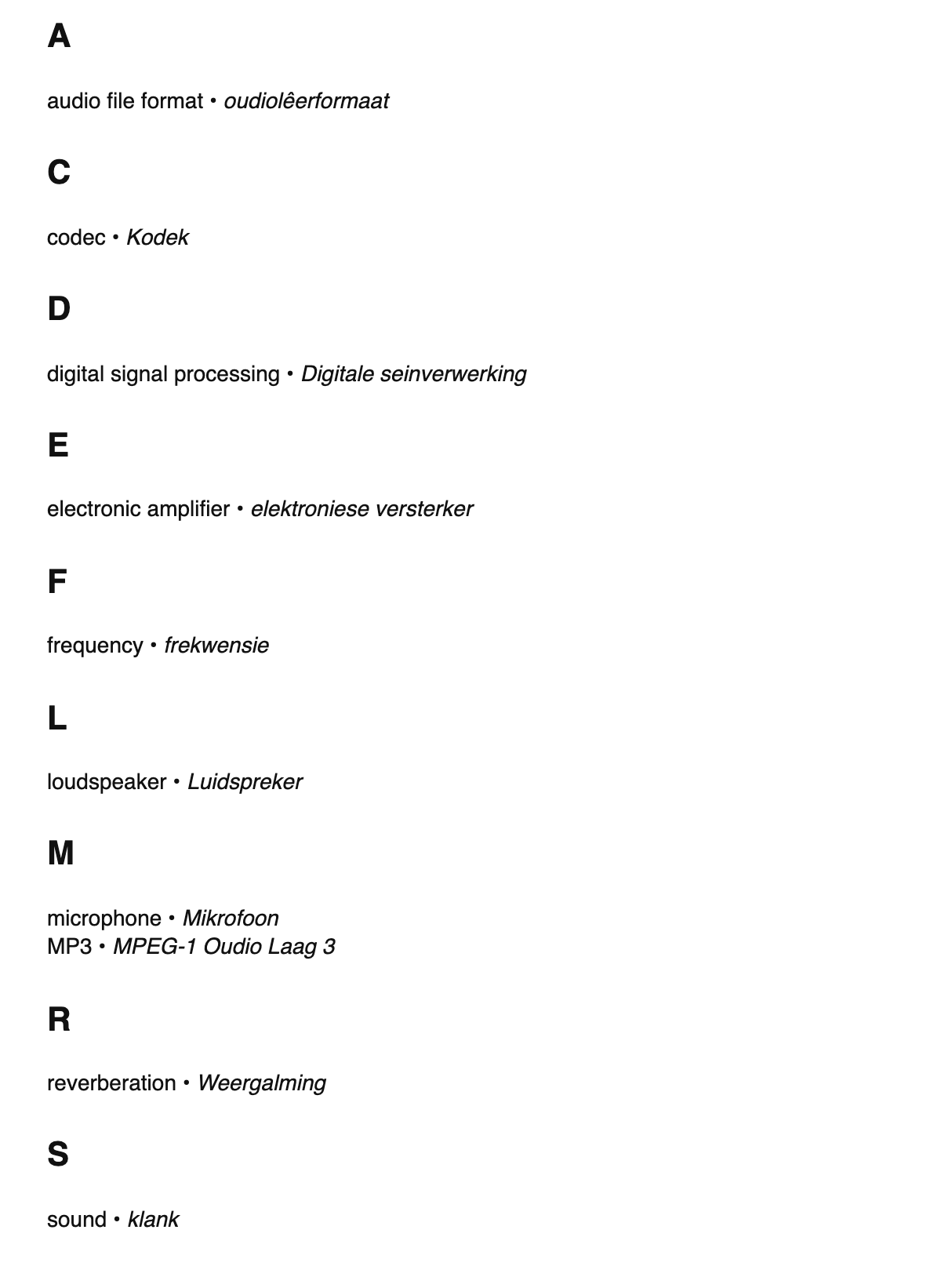 Audio engineering terms in Afrikaans