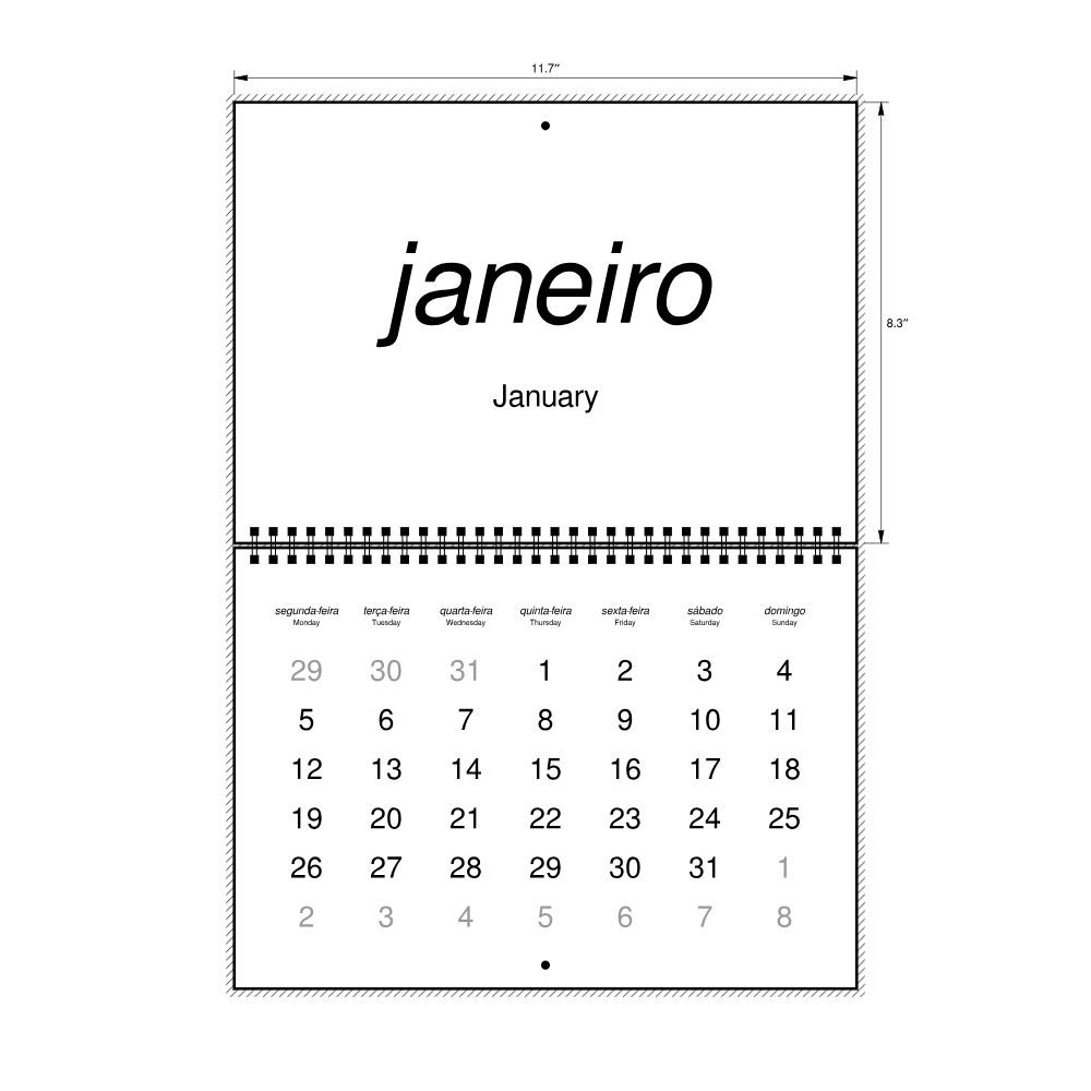 Leskoff 2026 Wall Calendar, Portuguese/English-Labeled, Monday-Start Layout, Wire-Bound, 11.7 x 8.3 in (29.7 x 21.0 cm), image 2 of 2