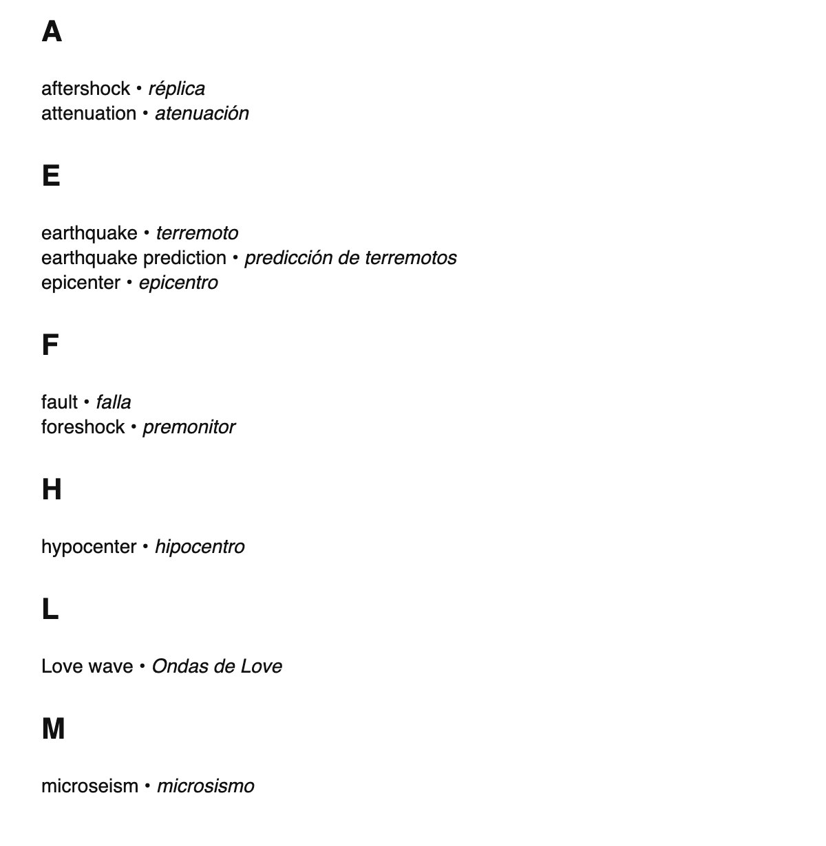 Seismology terms in Spanish