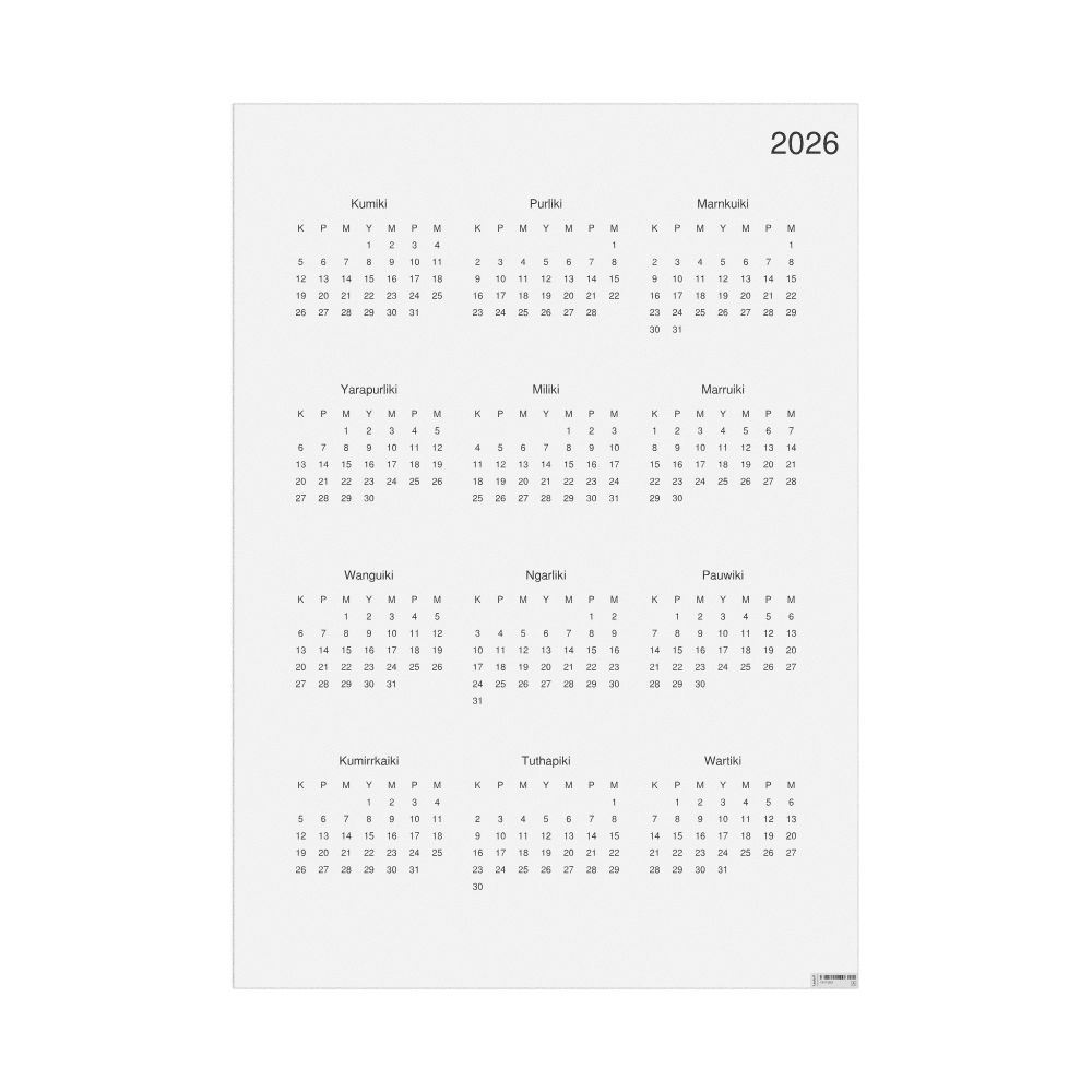 Leskoff 2026 Wall Calendar, Kaurna-Labeled, Monday-Start Layout, Poster / Wall Print, 23.4 x 33.1 in (59.4 x 84.1 cm), image 1 of 1