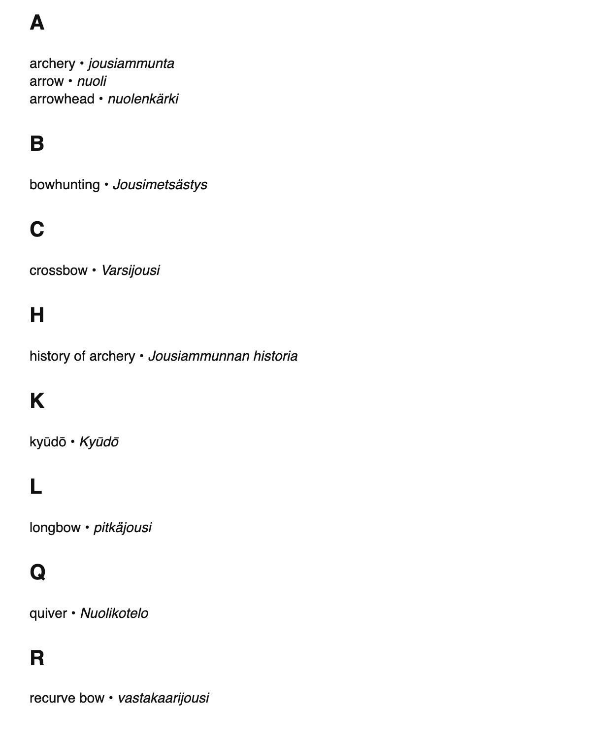 Archery terms in Finnish