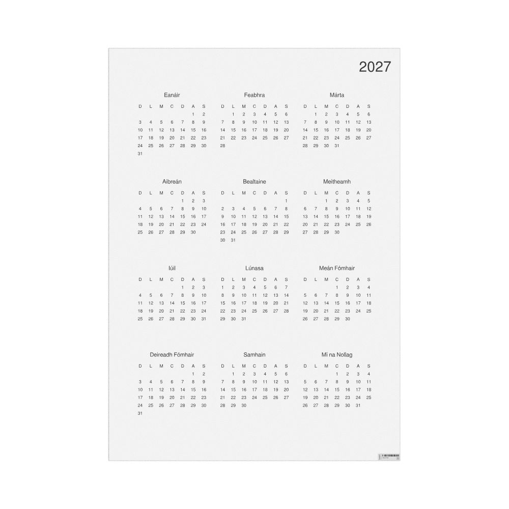 Leskoff 2027 Wall Calendar, Irish-Labeled, Sunday-Start Layout, Poster / Wall Print, 23.4 x 33.1 in (59.4 x 84.1 cm), image 1 of 1