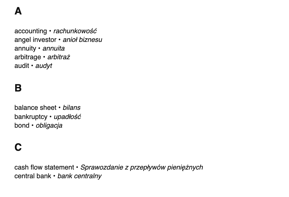 Finance terms in Polish
