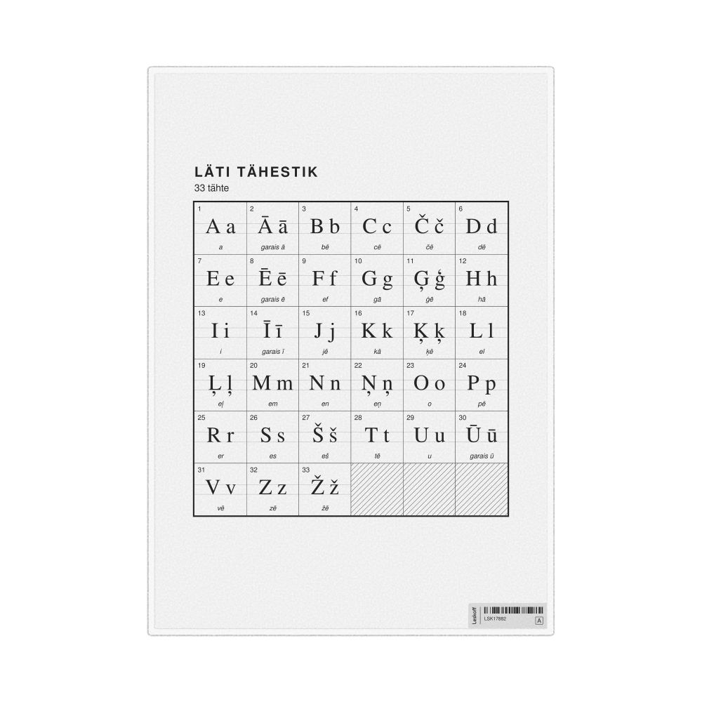 Leskoff Latvian Alphabet Chart, 8.3 x 11.7 in (21.0 x 29.7 cm, Desk Chart, Laminated), Estonian-Labeled, image 1 of 2