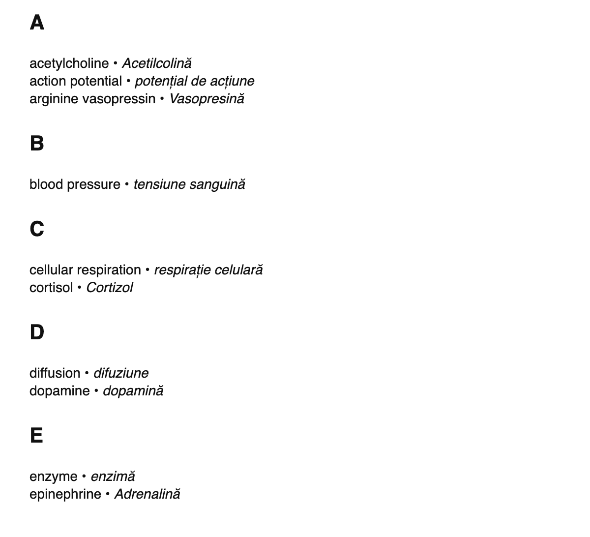 Physiology terms in Romanian