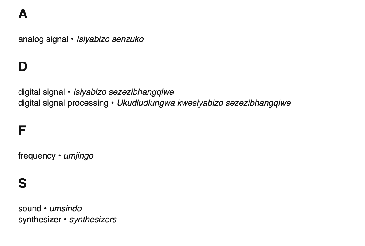 Audio engineering terms in Zulu