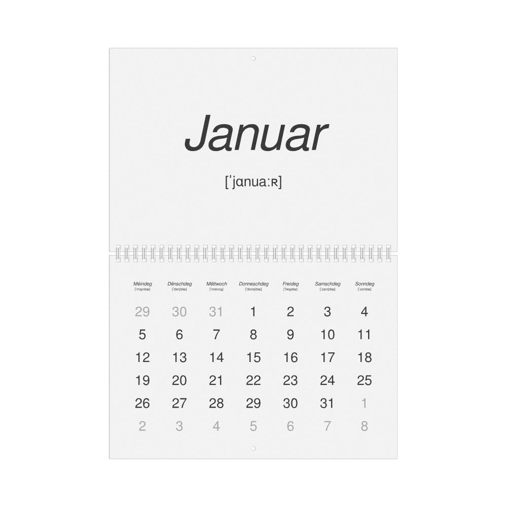 Leskoff 2026 Phonetic Wall Calendar, Luxembourgish-Labeled with IPA, Monday-Start Layout, Wire-Bound, 11.7 x 8.3 in (29.7 x 21.0 cm), image 1 of 1
