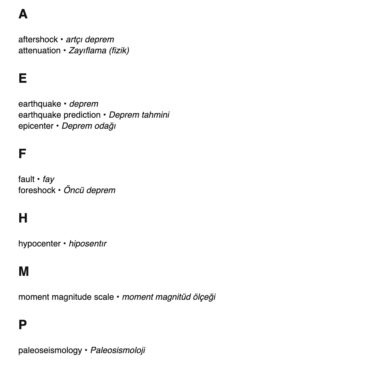 Seismology terms in Turkish