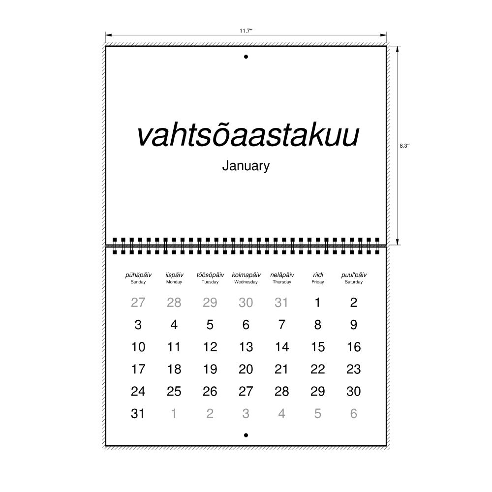 Leskoff 2027 Wall Calendar, Võro/English-Labeled, Sunday-Start Layout, Wire-Bound, 11.7 x 8.3 in (29.7 x 21.0 cm), image 2 of 2
