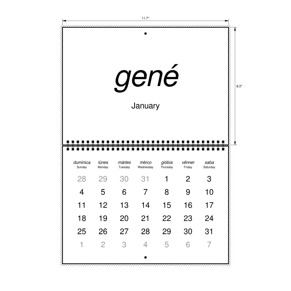 Leskoff 2026 Wall Calendar, Piedmontese/English-Labeled, Sunday-Start Layout, Wire-Bound, 11.7 x 8.3 in (29.7 x 21.0 cm), image 2 of 2