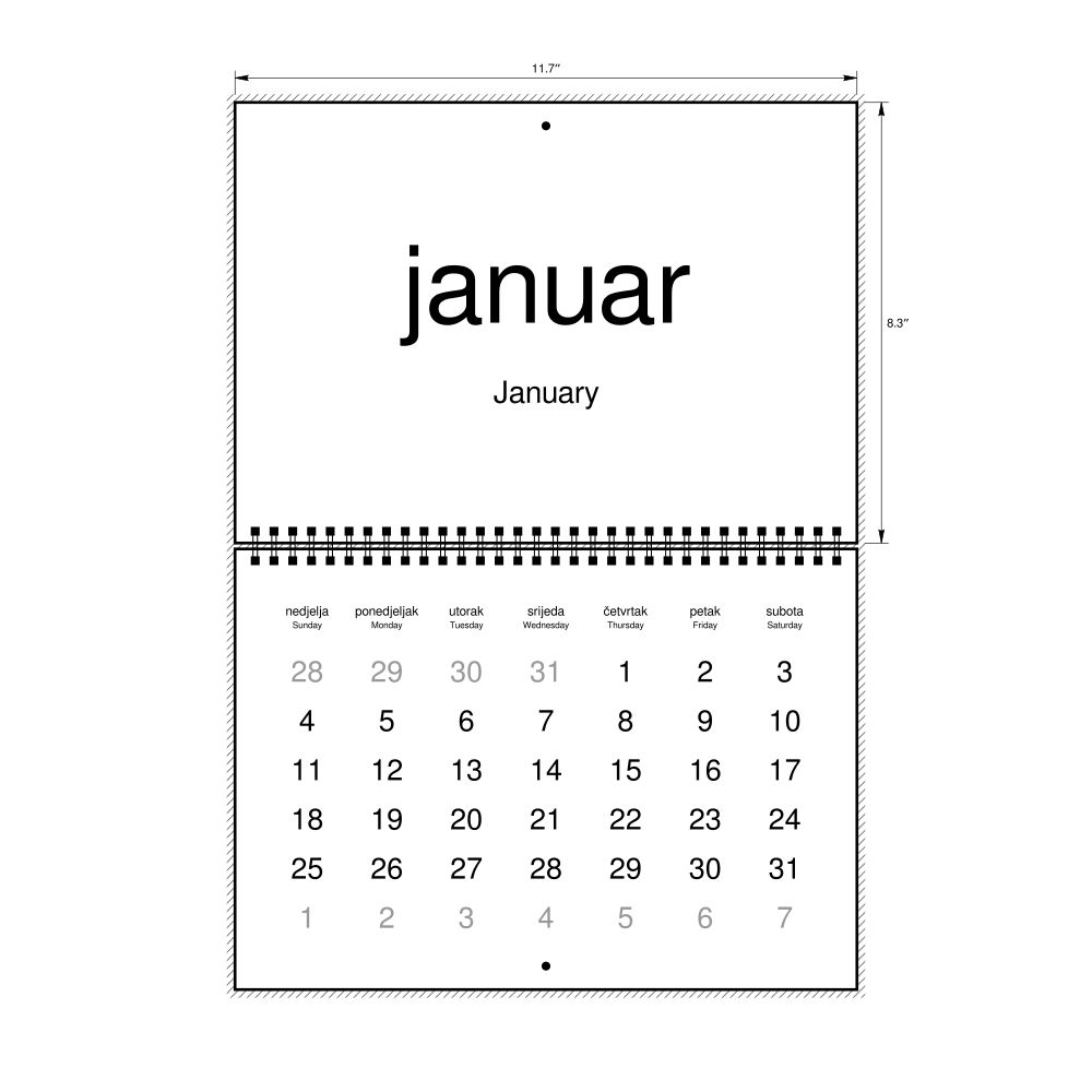 Leskoff 2026 Wall Calendar, Montenegrin/English-Labeled, Sunday-Start Layout, Wire-Bound, 11.7 x 8.3 in (29.7 x 21.0 cm), image 1 of 1