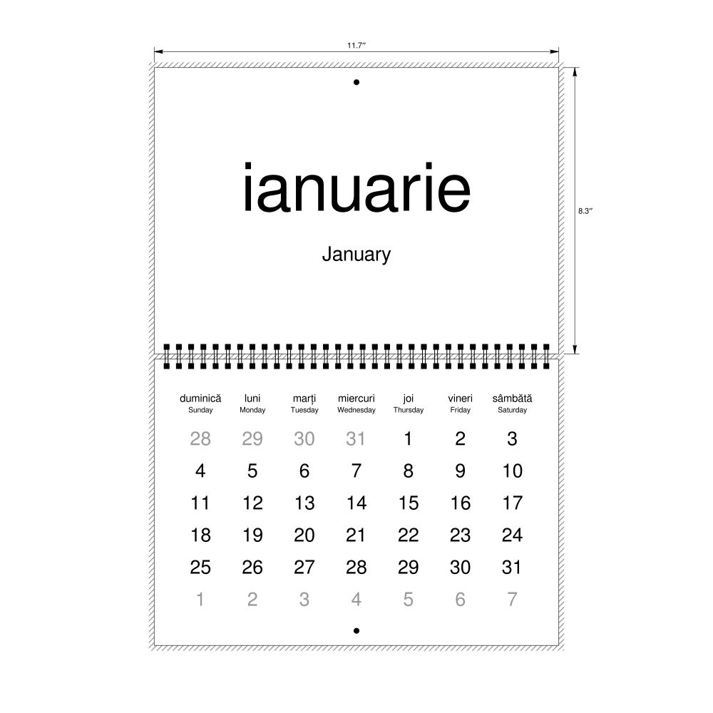 Leskoff 2026 Wall Calendar, Romanian/English-Labeled, Sunday-Start Layout, Wire-Bound, 11.7 x 8.3 in (29.7 x 21.0 cm), image 2 of 2