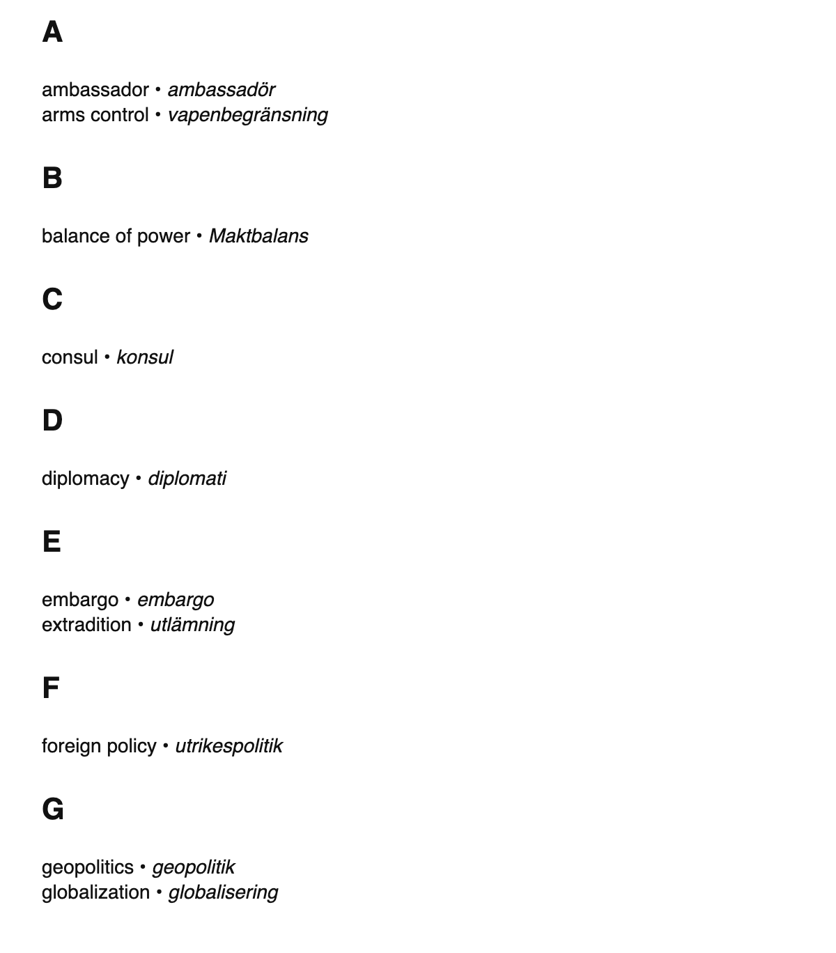 International relations terms in Swedish