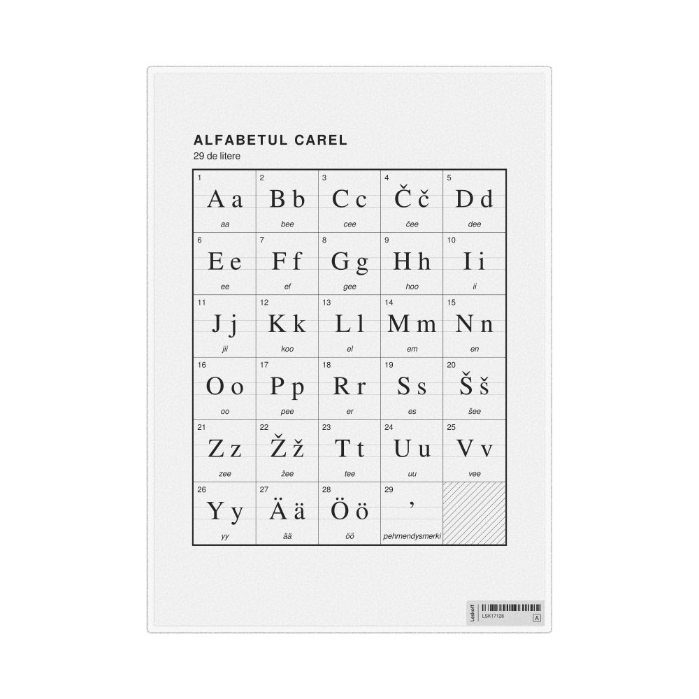 Leskoff Karelian Alphabet Chart, 8.3 x 11.7 in (21.0 x 29.7 cm, Desk Chart, Laminated), Romanian-Labeled, image 1 of 2
