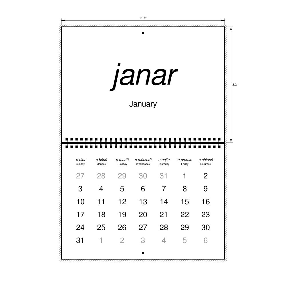 Leskoff 2027 Wall Calendar, Albanian/English-Labeled, Sunday-Start Layout, Wire-Bound, 11.7 x 8.3 in (29.7 x 21.0 cm), image 2 of 2