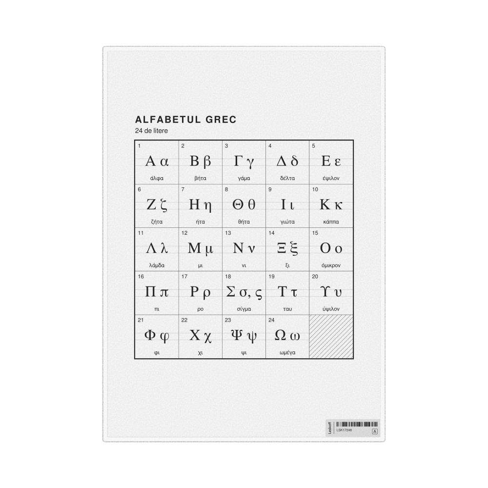 Leskoff Greek Alphabet Chart, 8.3 x 11.7 in (21.0 x 29.7 cm, Desk Chart, Laminated), Romanian-Labeled, image 1 of 2