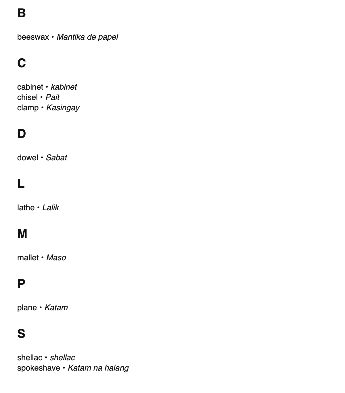 Woodworking terms in Tagalog