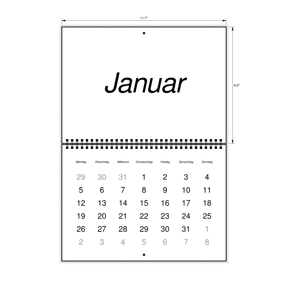 Leskoff 2026 Wall Calendar, Luxembourgish-Labeled, Monday-Start Layout, Wire-Bound, 11.7 x 8.3 in (29.7 x 21.0 cm), image 2 of 2