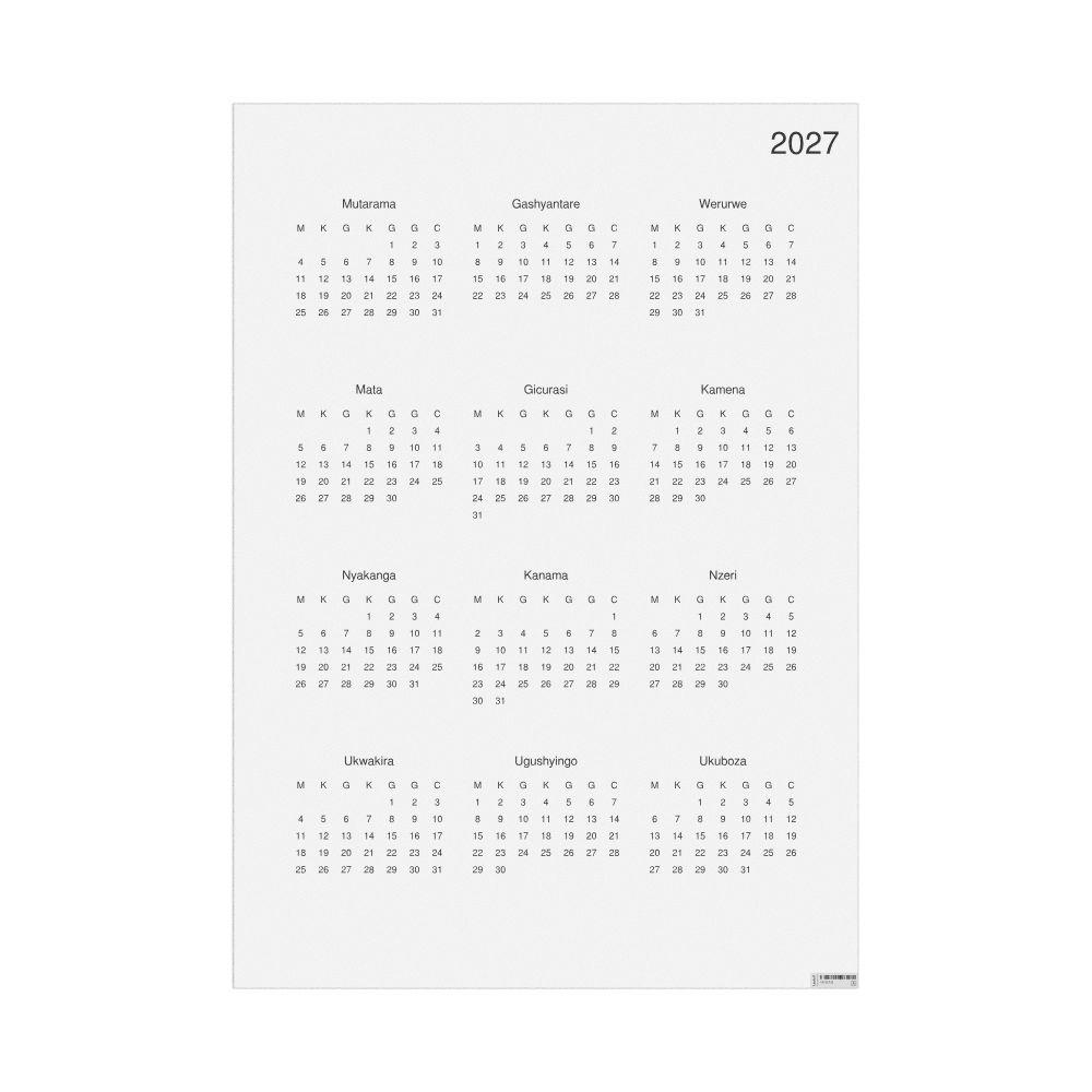 Leskoff 2027 Wall Calendar, Kinyarwanda-Labeled, Monday-Start Layout, Poster / Wall Print, 23.4 x 33.1 in (59.4 x 84.1 cm), image 1 of 1