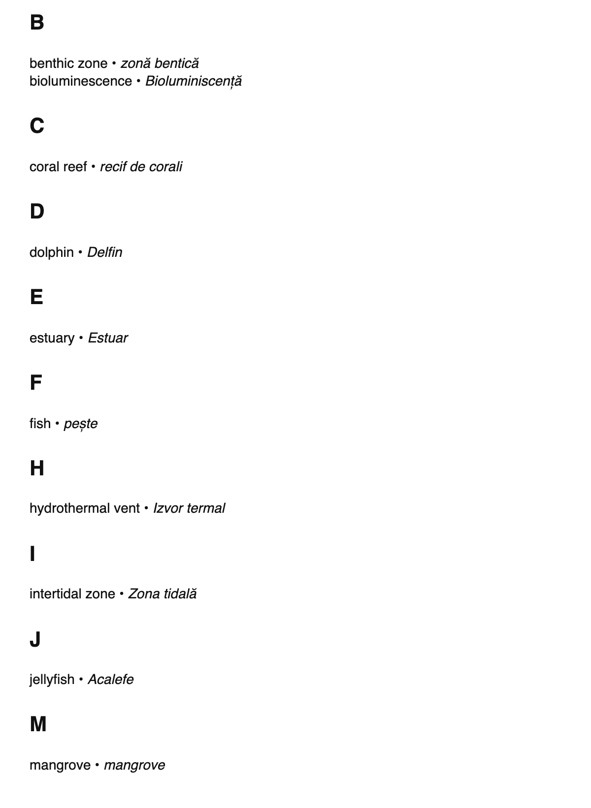 Marine biology terms in Romanian