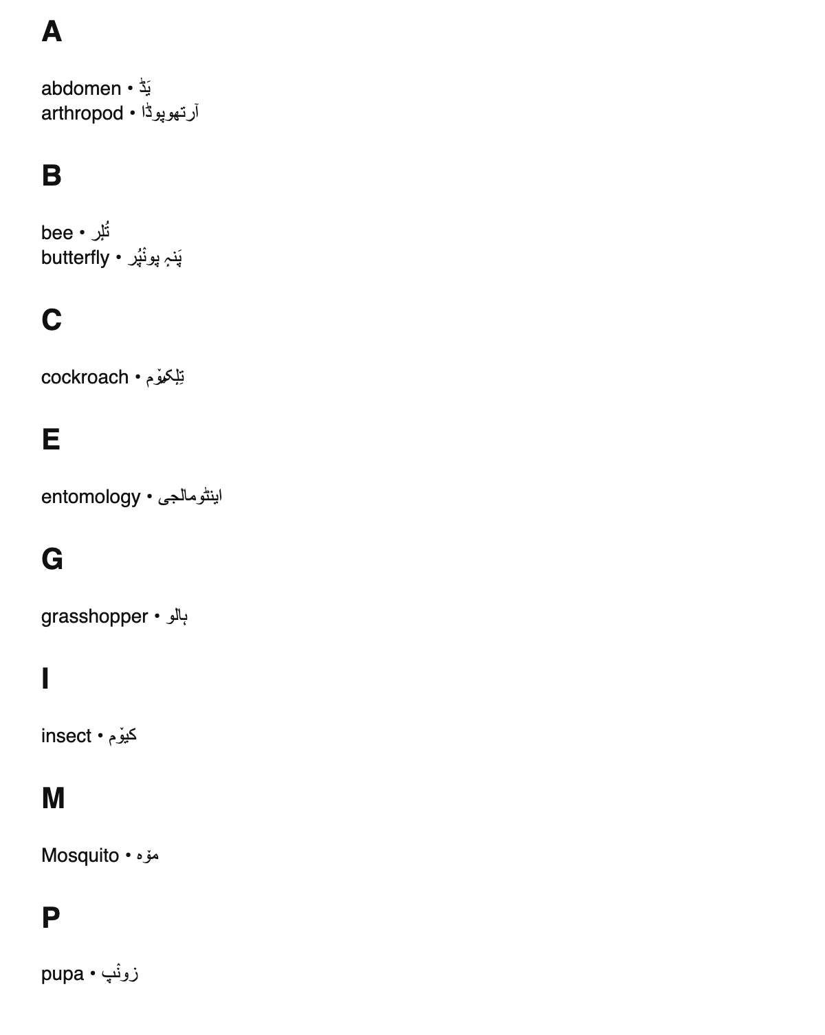 Entomology terms in Kashmiri