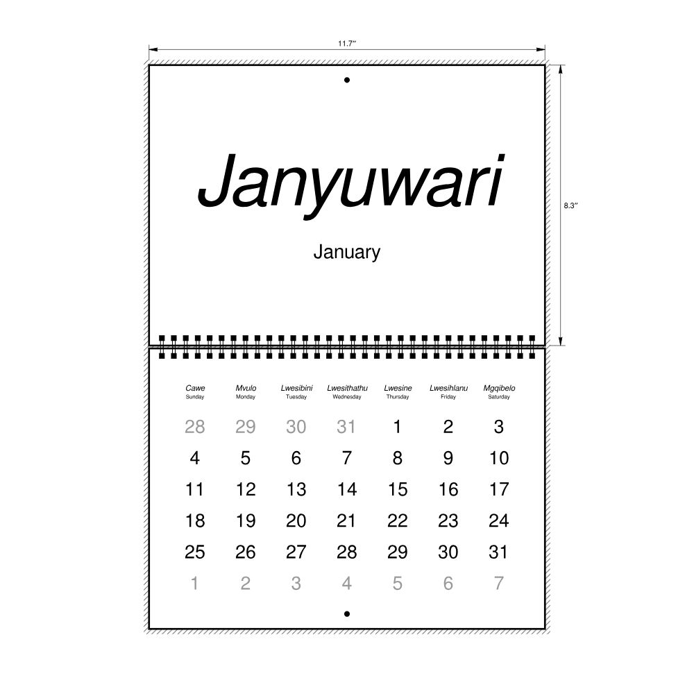 Leskoff 2026 Wall Calendar, Xhosa/English-Labeled, Sunday-Start Layout, Wire-Bound, 11.7 x 8.3 in (29.7 x 21.0 cm), image 2 of 2