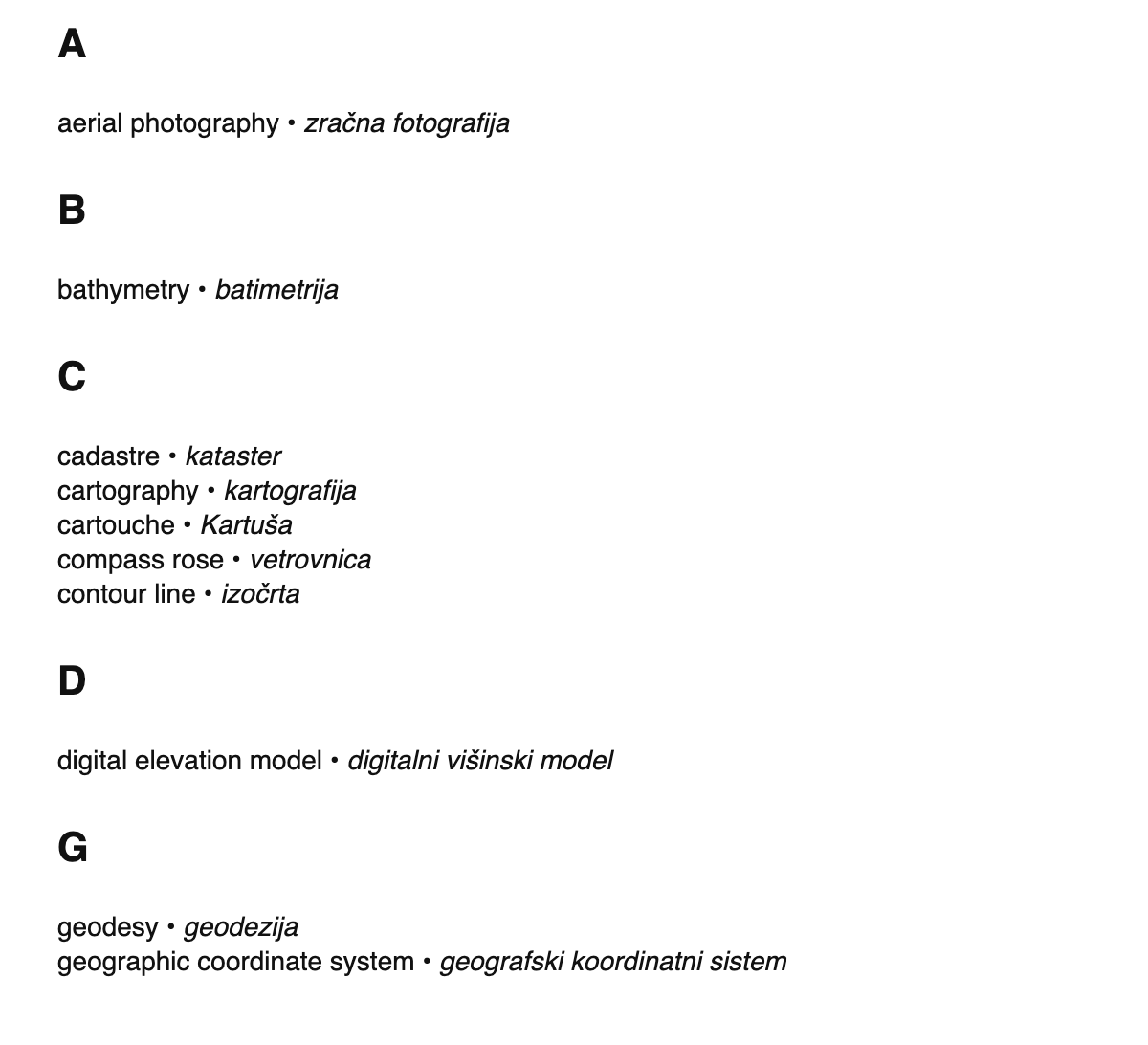 Cartography terms in Slovene