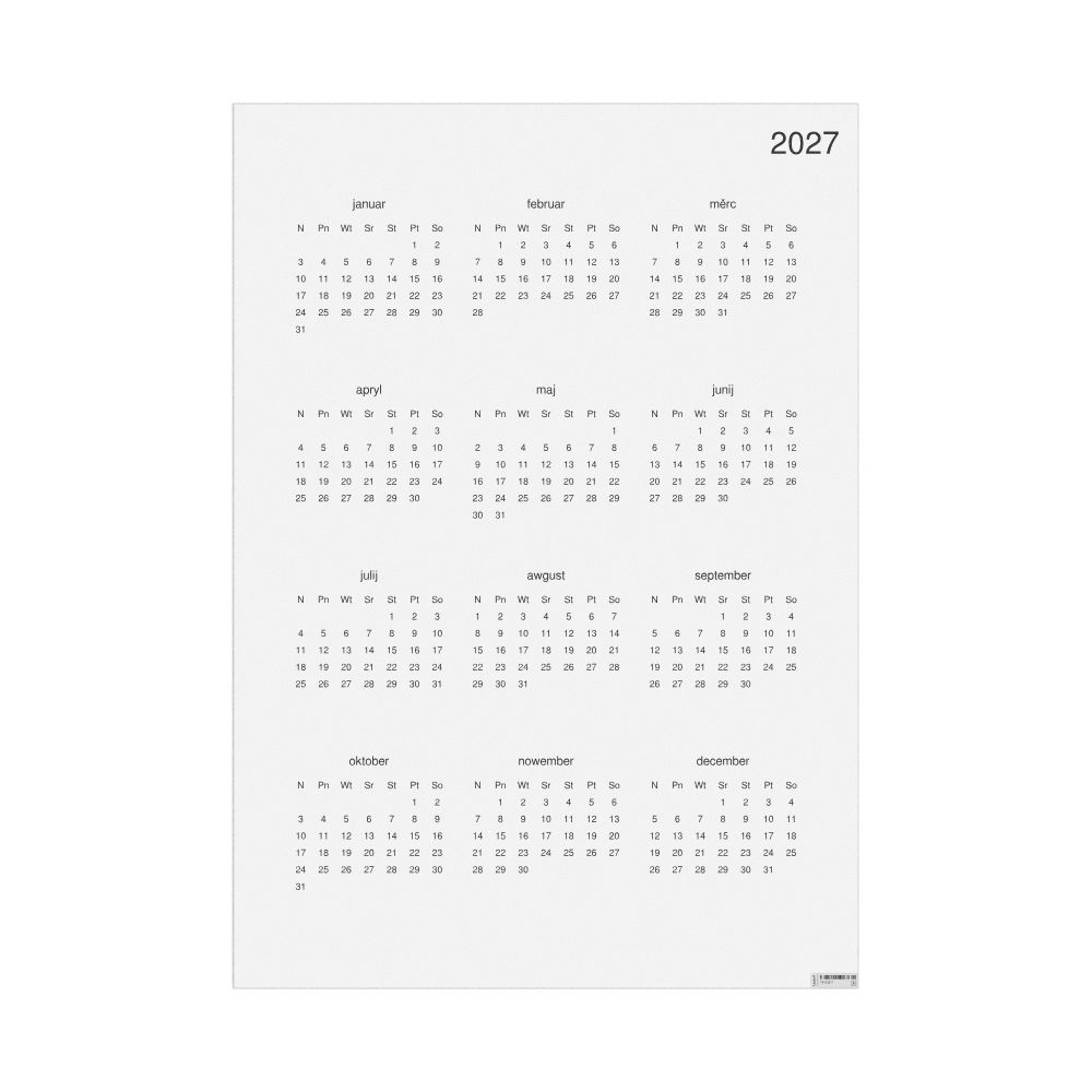 Leskoff 2027 Wall Calendar, Lower Sorbian-Labeled, Sunday-Start Layout, Poster / Wall Print, 23.4 x 33.1 in (59.4 x 84.1 cm), image 1 of 1