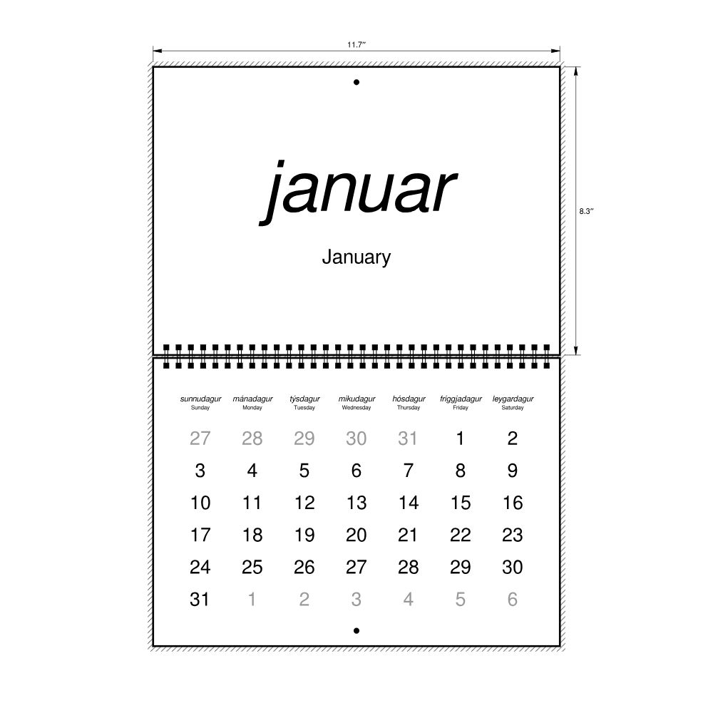 Leskoff 2027 Wall Calendar, Faroese/English-Labeled, Sunday-Start Layout, Wire-Bound, 11.7 x 8.3 in (29.7 x 21.0 cm), image 2 of 2