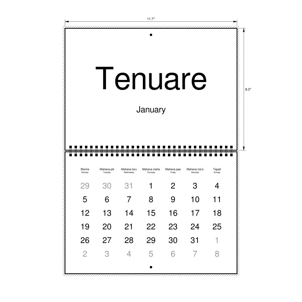 Leskoff 2026 Wall Calendar, Tahitian/English-Labeled, Monday-Start Layout, Wire-Bound, 11.7 x 8.3 in (29.7 x 21.0 cm), image 1 of 1