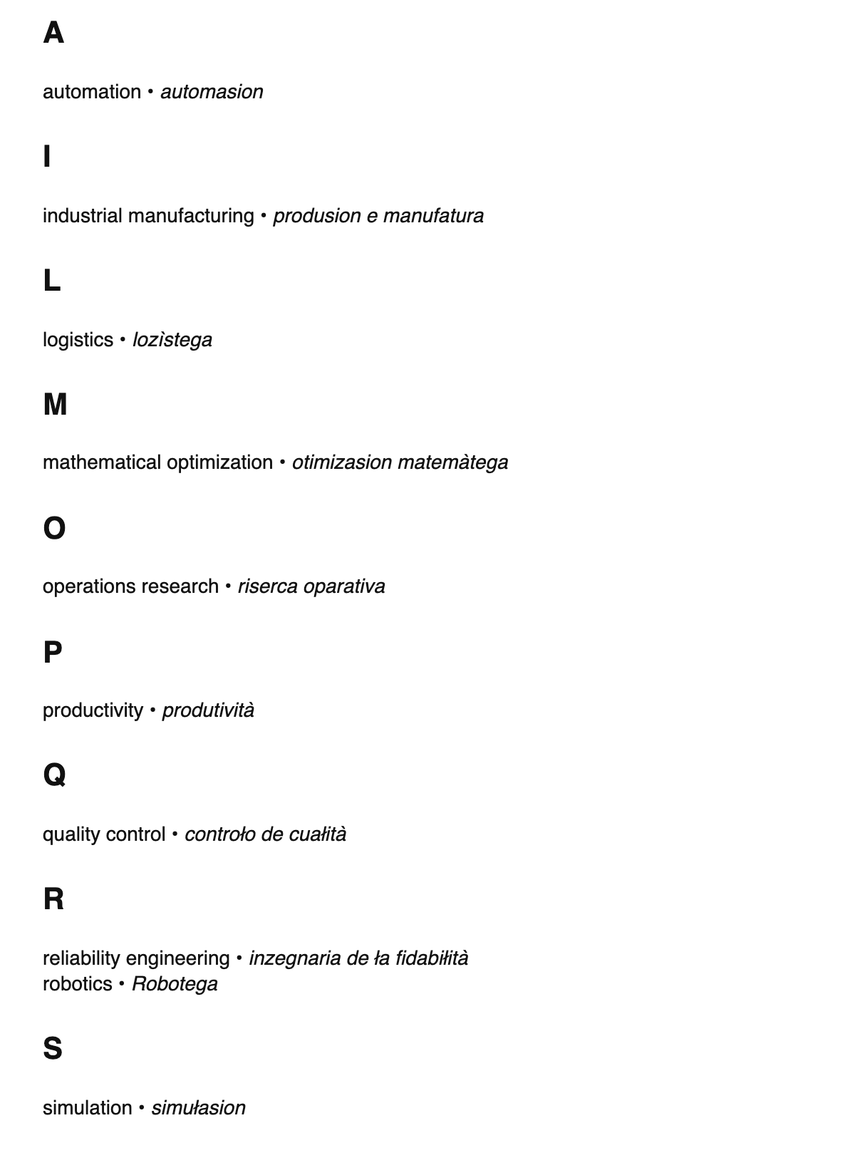 Industrial engineering terms in Venetian