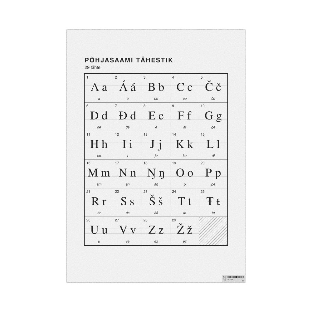Leskoff Northern Sámi Alphabet Chart, 23.4 x 33.1 in (59.4 x 84.1 cm, Poster / Wall Chart), Estonian-Labeled, image 1 of 2