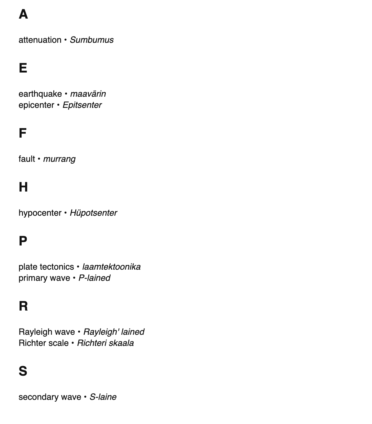 Seismology terms in Estonian