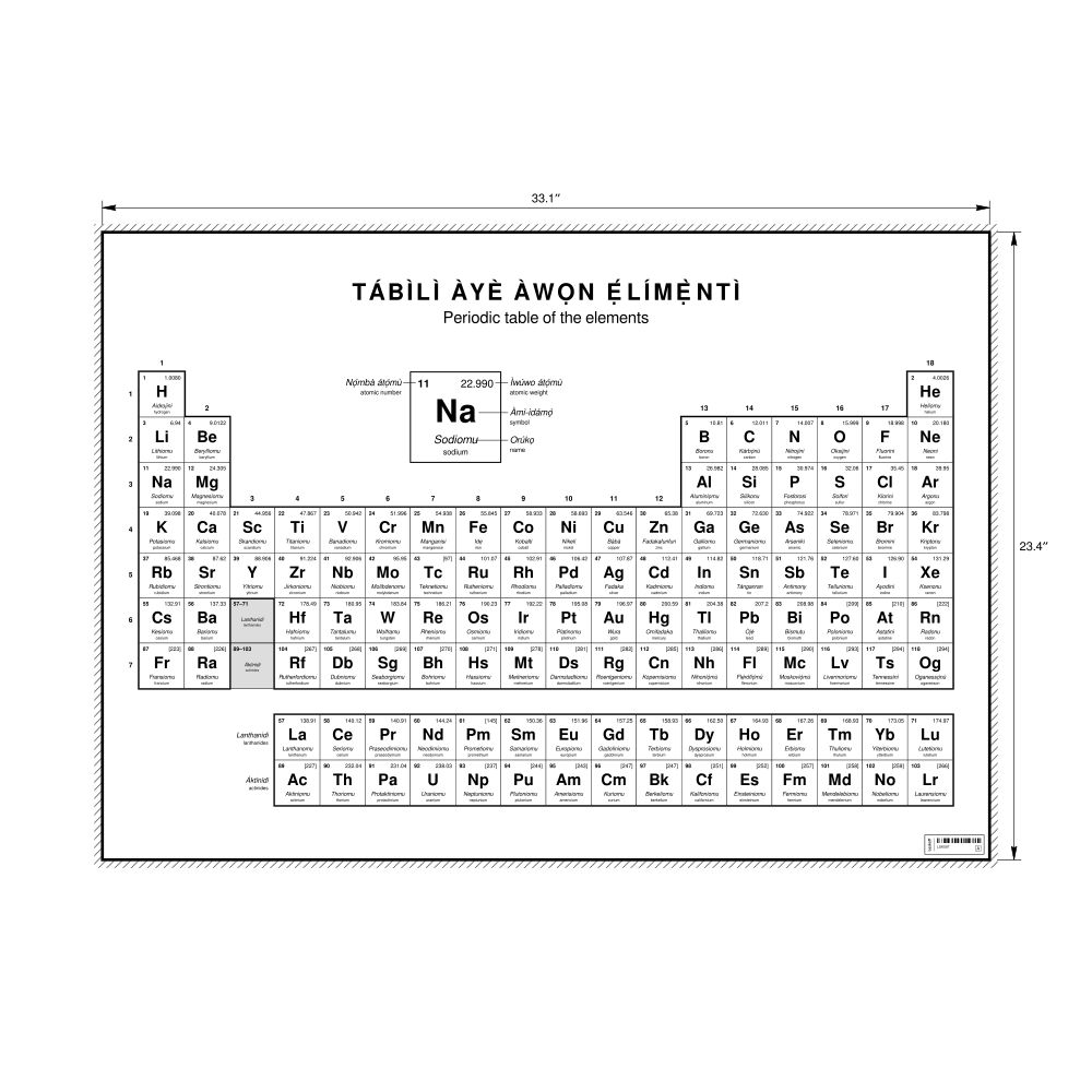 Leskoff Periodic Table Chart, 33.1 x 23.4 in (84.1 x 59.4 cm, Poster / Wall Chart), 18-Column Layout, Yoruba/English-Labeled, image 1 of 2
