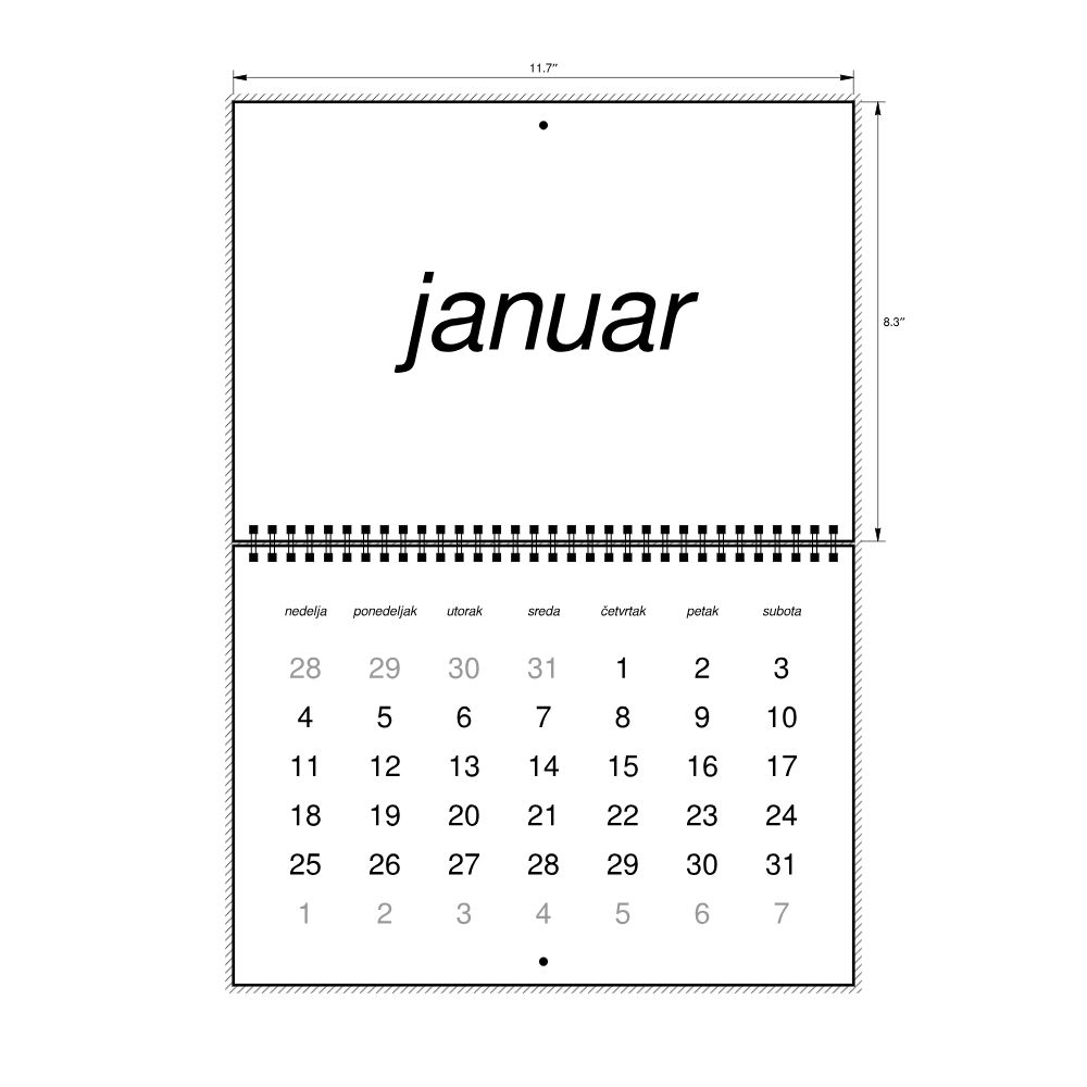 Leskoff 2026 Wall Calendar, Serbian (Latin)-Labeled, Sunday-Start Layout, Wire-Bound, 11.7 x 8.3 in (29.7 x 21.0 cm), image 2 of 2