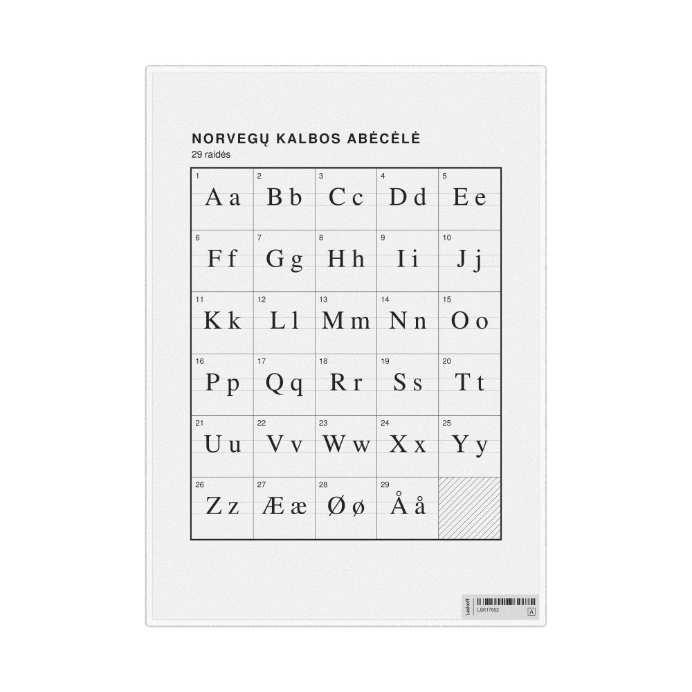 Leskoff Norwegian Alphabet Chart, 8.3 x 11.7 in (21.0 x 29.7 cm, Desk Chart, Laminated), Lithuanian-Labeled, image 1 of 2