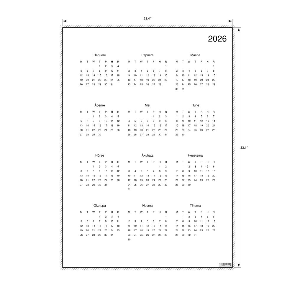 Leskoff 2026 Wall Calendar, Māori-Labeled, Monday-Start Layout, Poster / Wall Print, 23.4 x 33.1 in (59.4 x 84.1 cm), image 2 of 2