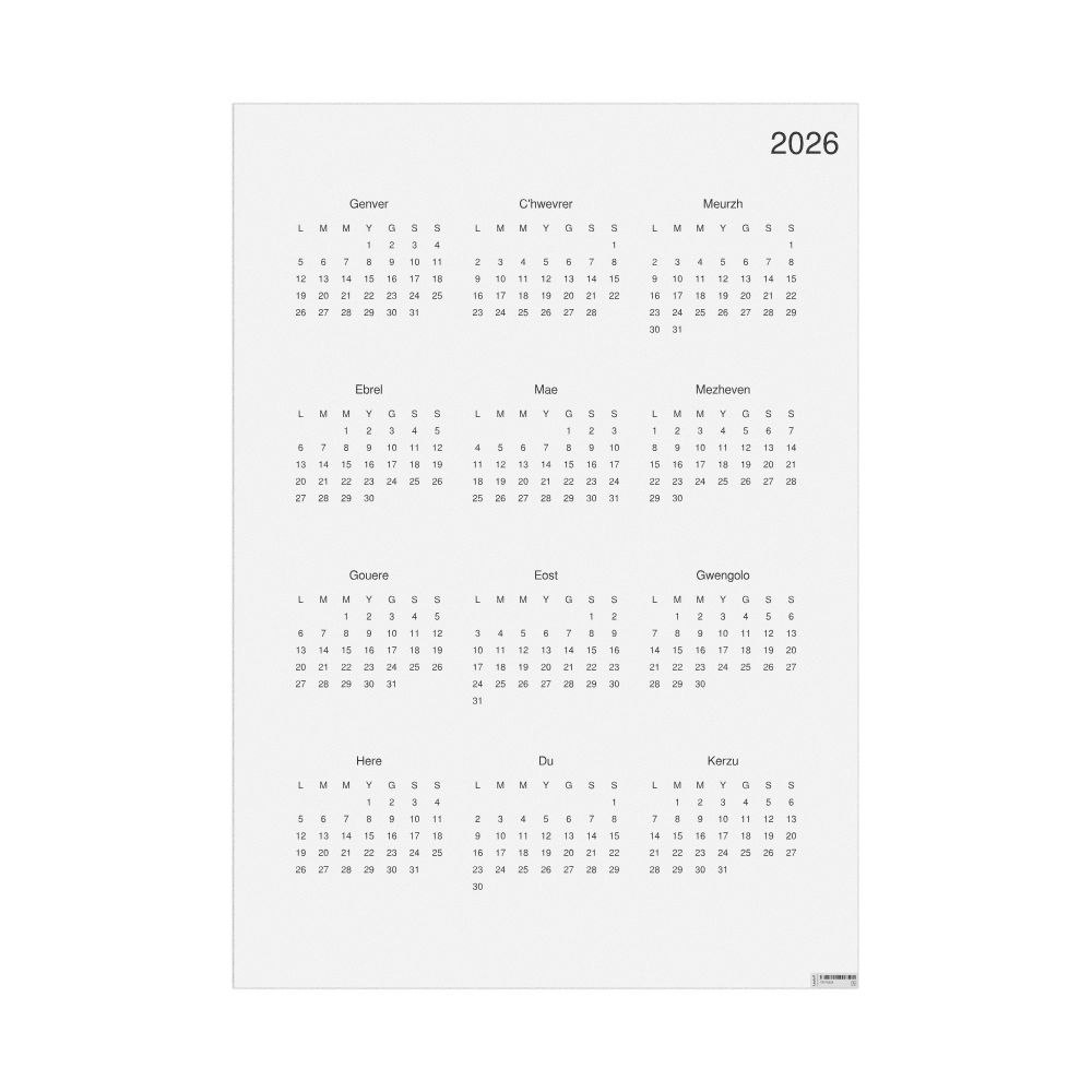 Leskoff 2026 Wall Calendar, Breton-Labeled, Monday-Start Layout, Poster / Wall Print, 23.4 x 33.1 in (59.4 x 84.1 cm), image 1 of 1