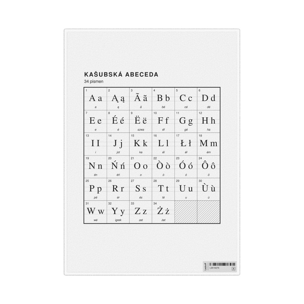 Leskoff Kashubian Alphabet Chart, 8.3 x 11.7 in (21.0 x 29.7 cm, Desk Chart, Laminated), Czech-Labeled, image 1 of 2