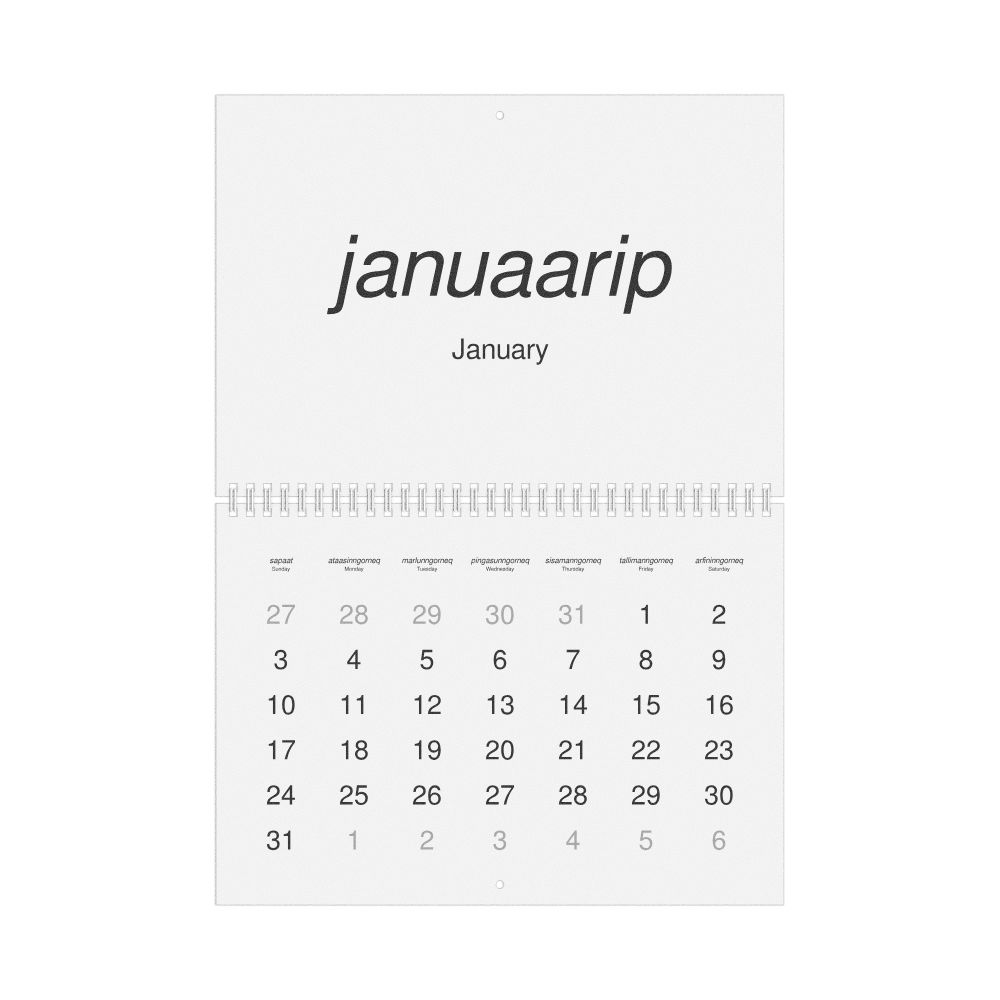 Leskoff 2027 Wall Calendar, Greenlandic/English-Labeled, Sunday-Start Layout, Wire-Bound, 11.7 x 8.3 in (29.7 x 21.0 cm), image 1 of 1