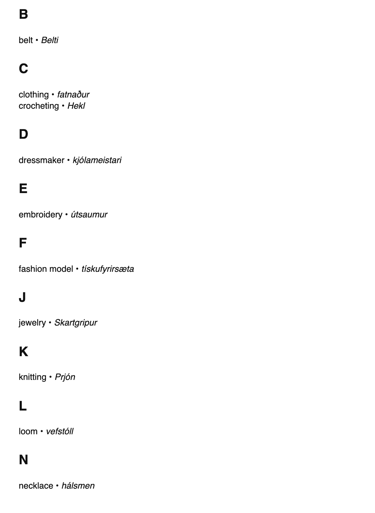 Fashion design terms in Icelandic