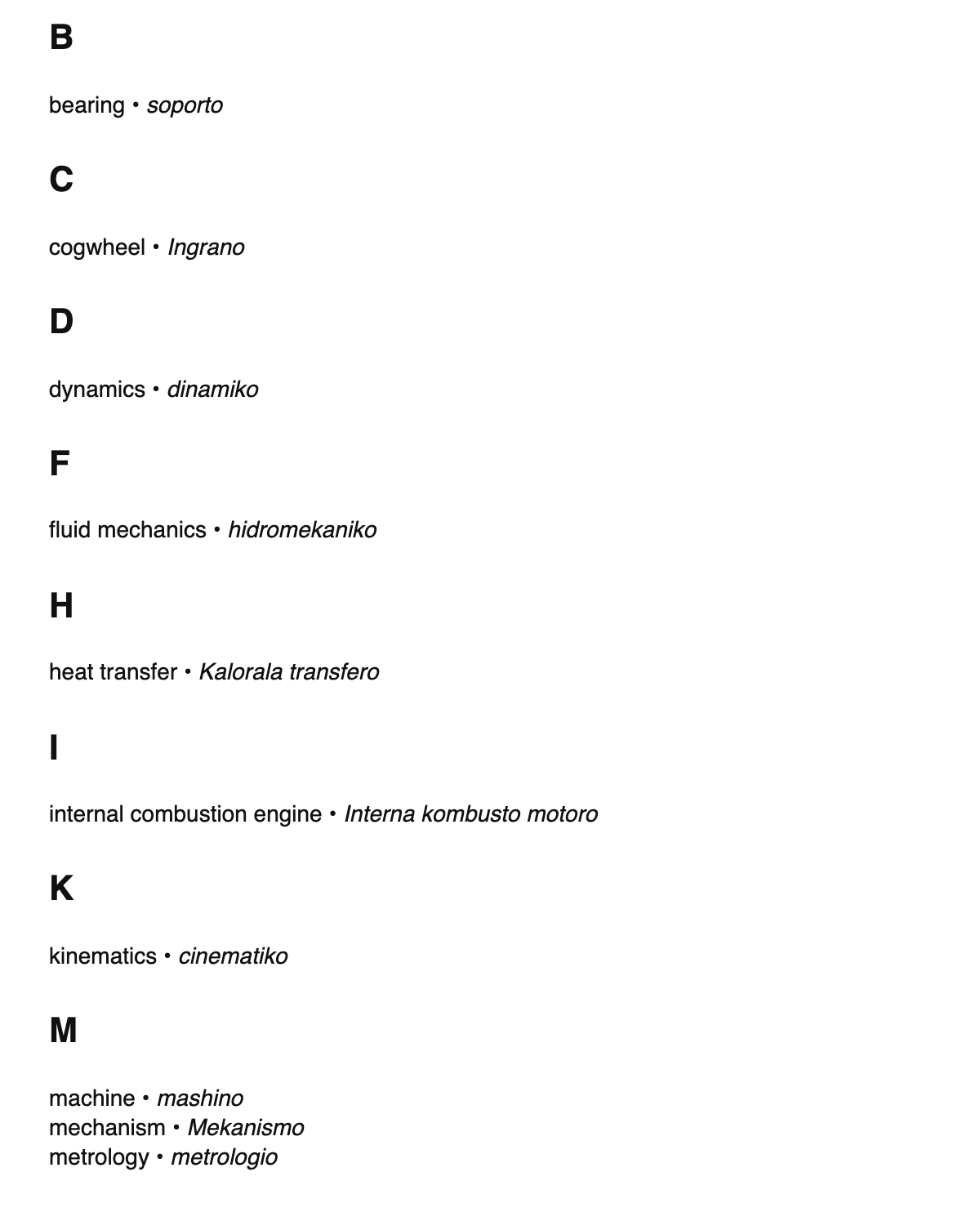 Mechanical engineering terms in Ido