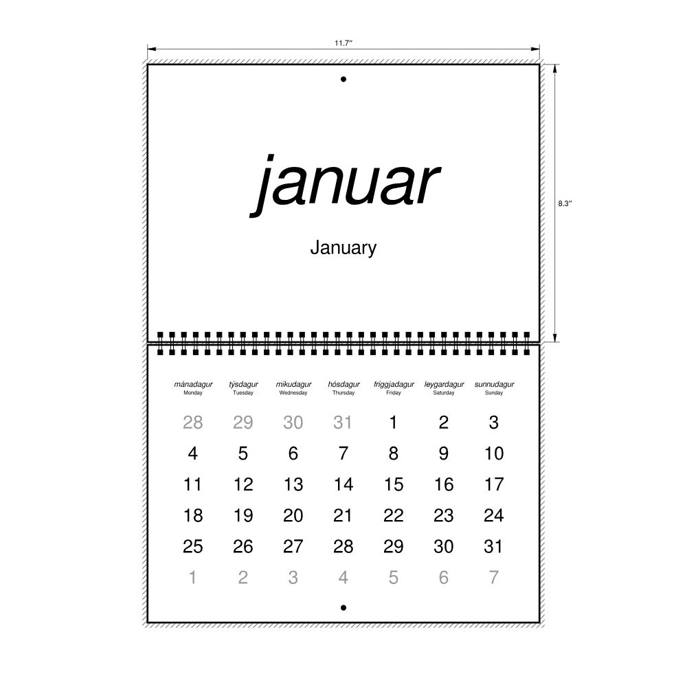 Leskoff 2027 Wall Calendar, Faroese/English-Labeled, Monday-Start Layout, Wire-Bound, 11.7 x 8.3 in (29.7 x 21.0 cm), image 2 of 2