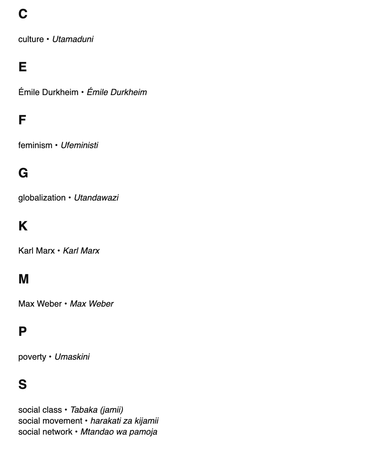 Sociology terms in Swahili