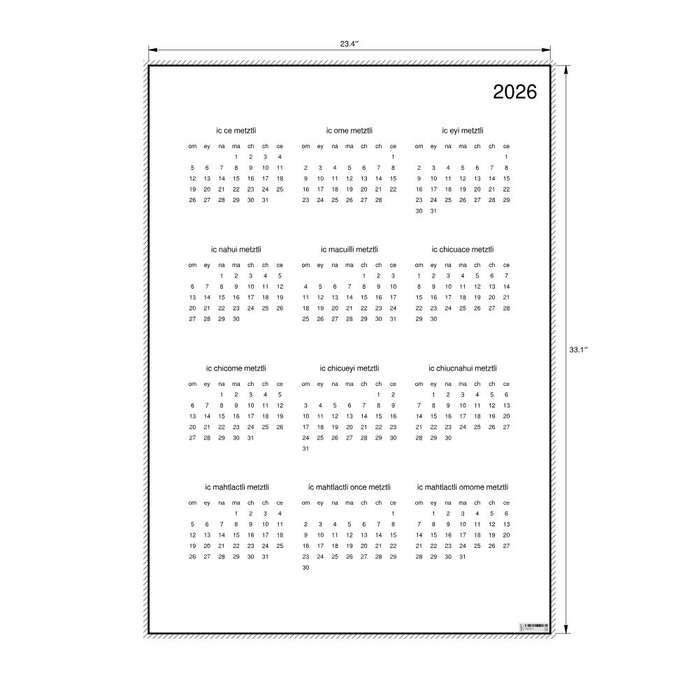 Leskoff 2026 Wall Calendar, Classical Nahuatl-Labeled, Monday-Start Layout, Poster / Wall Print, 23.4 x 33.1 in (59.4 x 84.1 cm), image 2 of 2