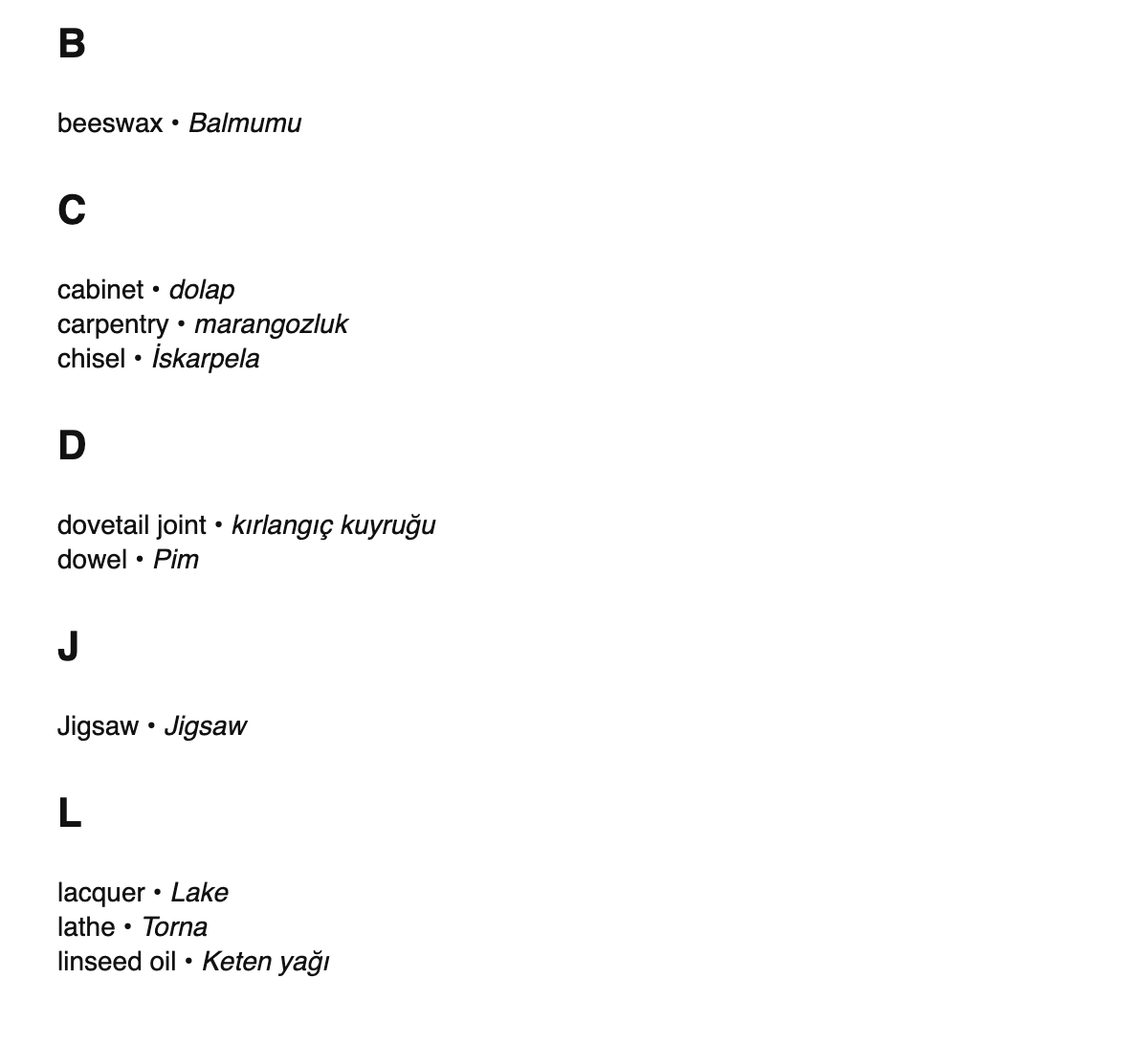 Woodworking terms in Turkish